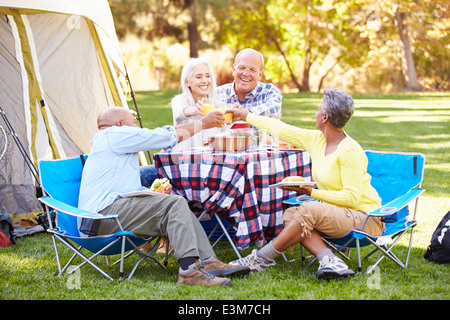 Zwei ältere Ehepaare genießen Camping-Urlaub In Natur Stockfoto