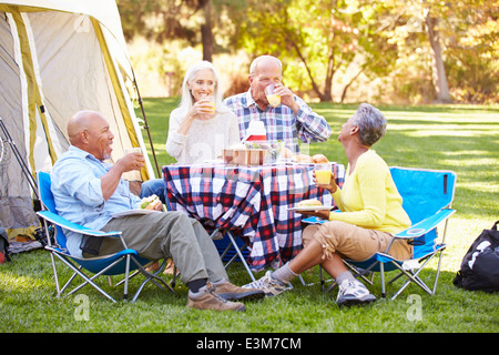 Zwei ältere Ehepaare genießen Camping-Urlaub In Natur Stockfoto