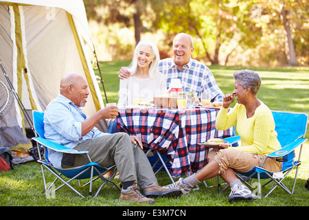 Zwei ältere Ehepaare genießen Camping-Urlaub In Natur Stockfoto