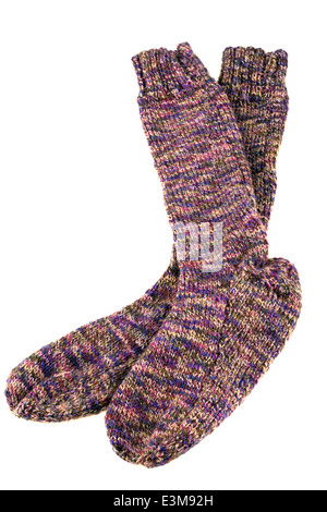 Paar Handgestrickte Socken aus Wolle Stockfoto