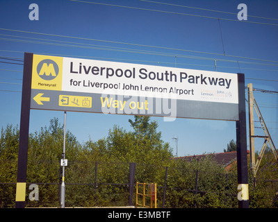 Merseyrail train station sign on Liverpool South Parkway for John Lennon Airport UK Stockfoto