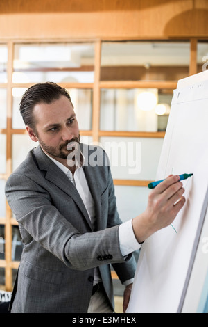 Mitte adult Geschäftsmann schreiben auf Flip-Chart bei Präsentation im Büro Stockfoto