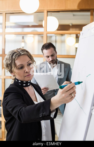 Reife Geschäftsfrau schreiben auf Flip-Chart mit männlichen Kollegen im Hintergrund im Büro Stockfoto