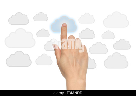Cloud Computing Konzept mit Frau hand auf weißem Hintergrund Stockfoto