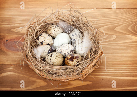 Wachteleier nisten über Holztisch Hintergrund Stockfoto