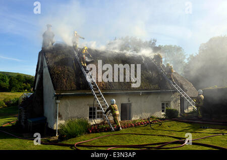 Reetdachhaus Feuer, Feuerwehr im Brandfall Reetdachhaus, UK Stockfoto