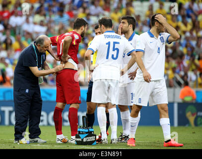 Fortaleza, Brasilien. 24. Juni 2014. Griechenlands Torwart Orestis Karnezis (2. L) medizinische Behandlung während eines Spiels der Gruppe C zwischen Griechenland und der Elfenbeinküste der FIFA WM 2014 im Estadio Castelao Stadium in Fortaleza, Brasilien, 24. Juni 2014 erhält. Bildnachweis: Cao Can/Xinhua/Alamy Live-Nachrichten Stockfoto