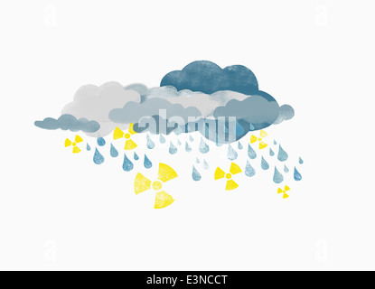 Sturm Wolken regnen Tropfen Wasser und radioaktive Symbole, illustration Stockfoto