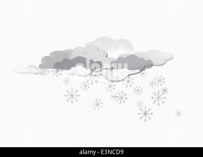 Einige Wolken und Schneeflocken vor weißem Hintergrund Stockfoto