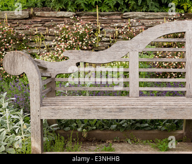 Reich verzierte hölzerne Gartenbank vor Steinmauer mit Gänseblümchen in Hestercombe Gärten bedeckt. Stockfoto