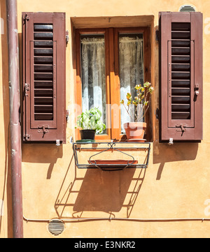 Street Scene Castellina in Chianti, Toskana, Italien: hell lackierten braunen Fensterläden Stockfoto