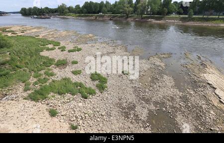 Magdeburg, Deutschland. 26. Juni 2014. Die teilweise ausgetrocknete Flussbett des Flusses Elbe sieht in Magdeburg, Deutschland, 26. Juni 2014. Versand ist begrenzt durch niedrigen Wasserständen von 81 cm. Foto: JENS WOLF/Dpa/Alamy Live News Stockfoto