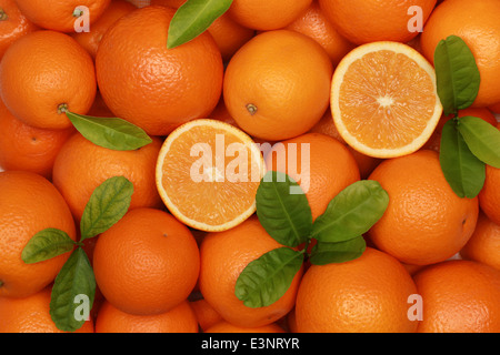 Sammlung von frischen Orangen mit Blätter bilden einen Hintergrund Stockfoto