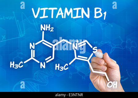 Hand mit Federzeichnung die chemische Formel von Vitamin B1 Stockfoto