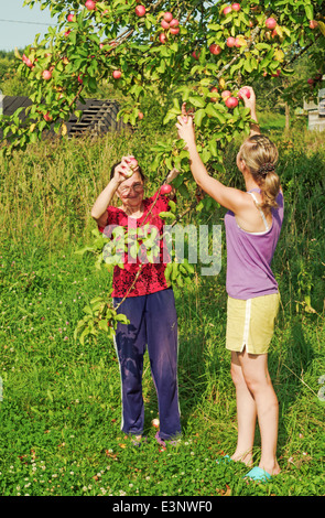 Lebensstil der ländlichen Sommer 2013. Bewohner des Dorfes - Mutter und Tochter in der Nähe von einem Apfelbaum. Stockfoto