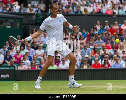 London, UK. 26. Juni 2014. Wimbledon Tennis Championships Lukas Rosol der Tschechischen Republik im Kampf gegen Rafael Nadal aus Spanien in Tag vier Männer Singles zweiten Vorrundenspiel bei den Wimbledon Tennis Championships auf The All England Lawn Tennis Club in London, Vereinigtes Königreich Credit: Action Plus Sport/Alamy Live News Stockfoto