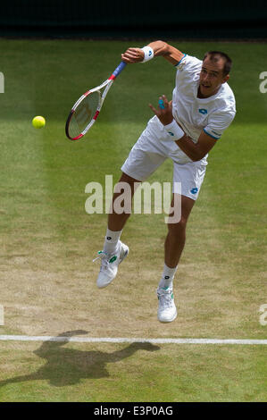 London, UK. 26. Juni 2014. Wimbledon Tennis Championships Lukas Rosol der Tschechischen Republik im Kampf gegen Rafael Nadal aus Spanien in Tag vier Männer Singles zweiten Vorrundenspiel bei den Wimbledon Tennis Championships auf The All England Lawn Tennis Club in London, Vereinigtes Königreich Credit: Action Plus Sport/Alamy Live News Stockfoto