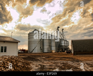 landwirtschaftlichen Getreide Silos Arbeit vor Ort Stockfoto