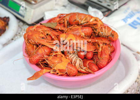 Platte mit roten gekochten Languste auf einem Tisch hautnah Stockfoto