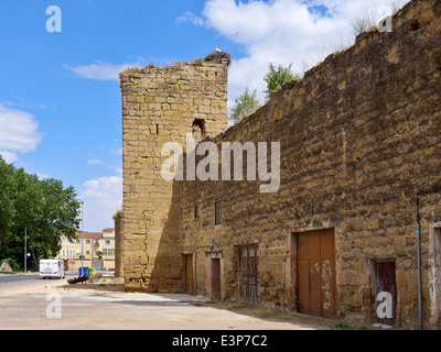 Ein Teil der alten Stadtmauer von Santo Domingo De La Calzada. Aktien nisten auf den Ruinen. Stockfoto