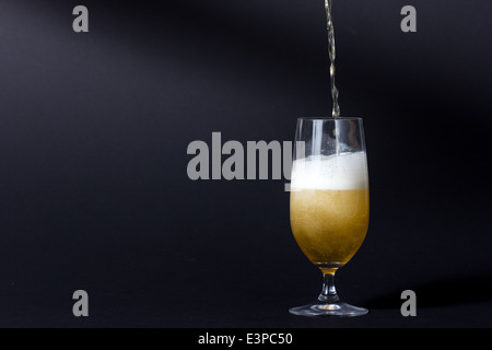 Bierausschank in einem Glas auf einem schwarzen Hintergrund Stockfoto