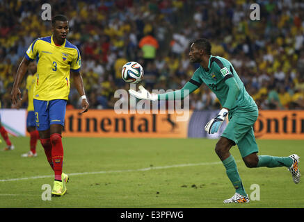 (140625) - RIO DE JANEIRO, 25. Juni 2014 (Xinhua)--Ecuadors Torhüter Alexander Dominguez übergibt den Ball während eines Spiels der Gruppe E zwischen Ecuador und Frankreich der FIFA WM 2014 an das Estadio Maracana-Stadion in Rio De Janeiro, Brasilien, 25. Juni 2014. Das Spiel endete mit einem 0: 0 Unentschieden. (Xinhua/Wang Lili) Stockfoto