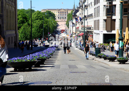 Die Straße Karl Johans Gate ist etwa 2 km lang und erstreckt sich vom Hauptbahnhof zum Schlossplatz mit dem Königspalast in Oslo. Foto: Klaus Nowottnick Datum: 29. Mai 2014 Stockfoto