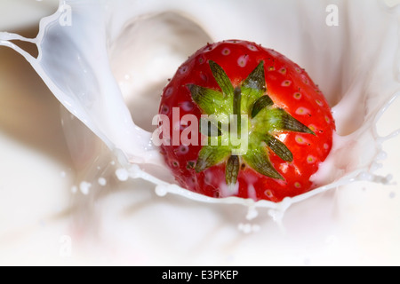 Nahaufnahme einer Spritzwasser in eine Schüssel Milch Erdbeere Stockfoto