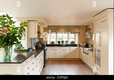 Weißen Einheiten mit schwarzem Granit Arbeitsplatten von Magneten in stilvollen Küche mit dekorativen Confit Gläser Stockfoto