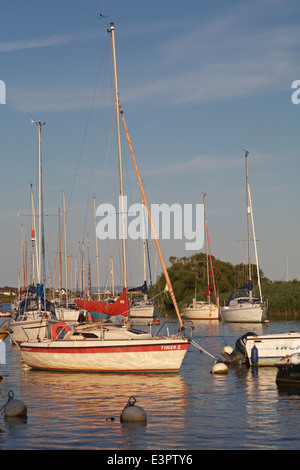 Boote auf dem Fluss Stour am Stadtkai Christchurch, Dorset, Großbritannien an einem Abend im Juni Stockfoto