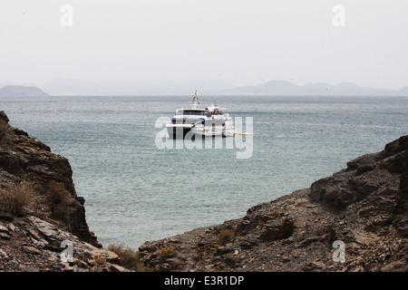 ein Boot auf der Kanarischen Insel Meer mit Vögel fliegen herum, zwischen zwei Felsen spähen Stockfoto