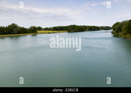 Blick über den Fluss Rhone von der berühmten Brücke in Avignon, Provence, Frankreich Stockfoto