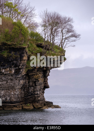 Überhängende Bäume auf erodierten felsigen Klippen am Ufer des Loch ich in der Nähe von Elgol, Isle Of Skye, Schottland Stockfoto