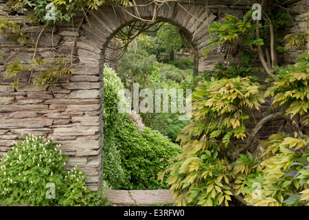 Peeping durch steinernen Torbogen zum Rasen Garten hinaus. Stockfoto