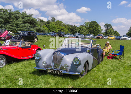 East Devon, England. Eine Fete und Gartenfest mit einem alten Cabrio Oldtimer mit Cabriodach hinunter und Besitzer. Stockfoto
