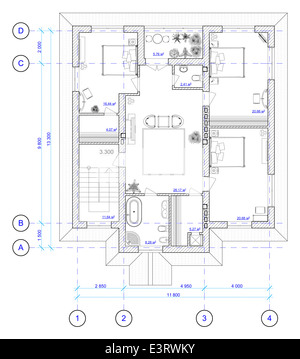 Architektonische Blaupause der zweiten Etage des Hauses Stockfoto