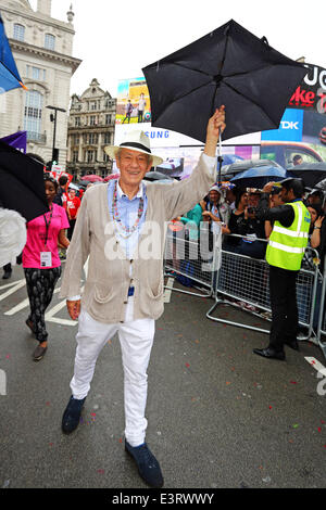 London, UK. 28. Juni 2014. Sir Ian McKellen marschieren mit Stonewall auf der Pride London Parade 2014 in London. Regenstürme im Laufe des Tages Dämpfen nicht die Geister der 20.000 Menschen an der Parade der Massen in den verpackten Straßen beobachten. Es brachte allerdings jede Menge Regenbogen Regenschirme. Bildnachweis: Paul Brown/Alamy Live-Nachrichten Stockfoto