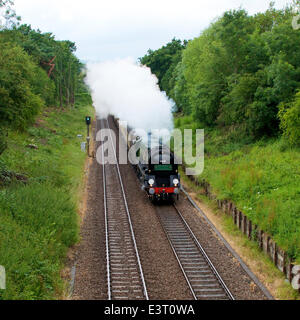 Reigate, Surrey. Samstag, 28. Juni 2014. Die Belmond British Pullman VS Orient Express Steam Locomotive BR (S) Handelsmarine Clan Line Klasse 4-6-2 Nr. 35028 rast durch die Surrey Hills, 1504hrs Samstag, 28. Juni 2014 auf dem Weg nach London Victoria. Credit: Foto von Lindsay Constable / Alamy Live News Stockfoto