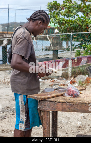 Lokale Fischer bereitet frischen Fisch für Verkauf, Grenville, Grenada, West Indies Stockfoto