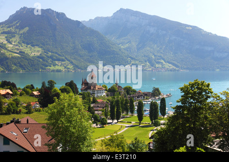 Blick auf Schweizer Stadt mit Burg und türkis See mit Bäume und Berge. Stockfoto