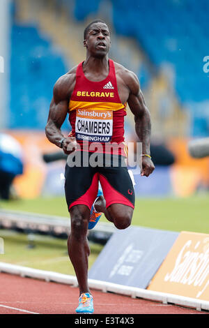 Birmingham, Vereinigtes Königreich. 28. Juni 2014. Dwain CHAMBERS (Belgrave) in Aktion in den Vorläufen für die Männer 100m während der Sainsbury britischen Leichtathletik-Meisterschaften von Alexander Stadium. Bildnachweis: Aktion Plus Sport/Alamy Live-Nachrichten Stockfoto