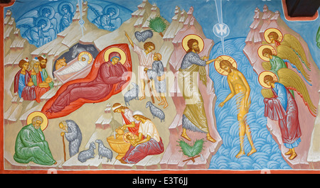 Brügge - Fresko von der Krippe und Taufe Christi-Szene in st. Constanstine und Helena Orthodx Kirche Stockfoto