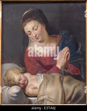 Brüssel - die Madonna und schlafen wenig Jesus "Maria Pacis - Maria vom Frieden" (1716) von unbekannten Künstler in St.-Nikolaus-Kirche Stockfoto