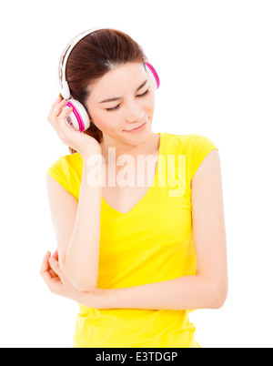 Junge schöne Frau, die die Musik genießen Stockfoto