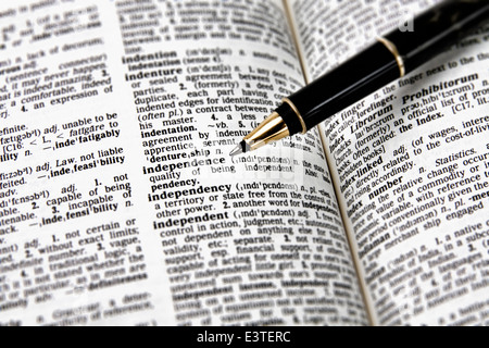Wörterbucheintrag für das Wort Unabhängigkeit Stockfoto