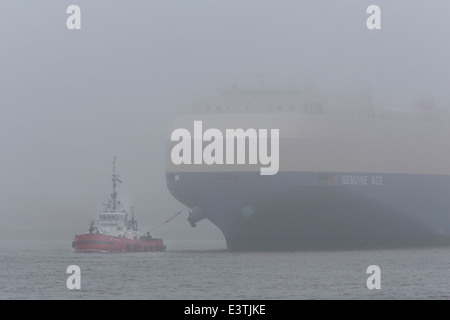 Ein Schlepper mit einem Frachter im Hamburger Hafen mit Nebel, Deutschland Stockfoto