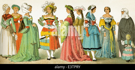 Die Frauen, die hier vertreten sind deutsche, die um 1500-1550 bis heute. Die Abbildung stammt bis 1882. Stockfoto