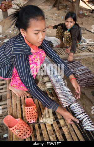 Mädchen, die Trocknung Fisch in Siem Reap Dorf Kambodscha Stockfoto