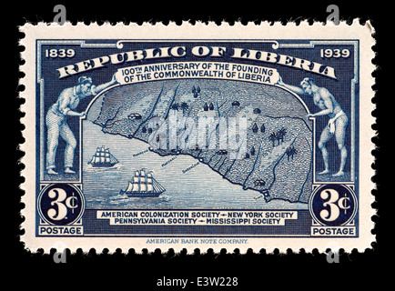 Briefmarke aus Liberia, die Darstellung der Küste Liberias, ausgestellt für das Jahrhundert der Gründung. Stockfoto