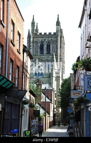 Blick entlang der Church Street in Richtung Kathedrale, Hereford, Herefordshire, England, Großbritannien, Westeuropa. Stockfoto